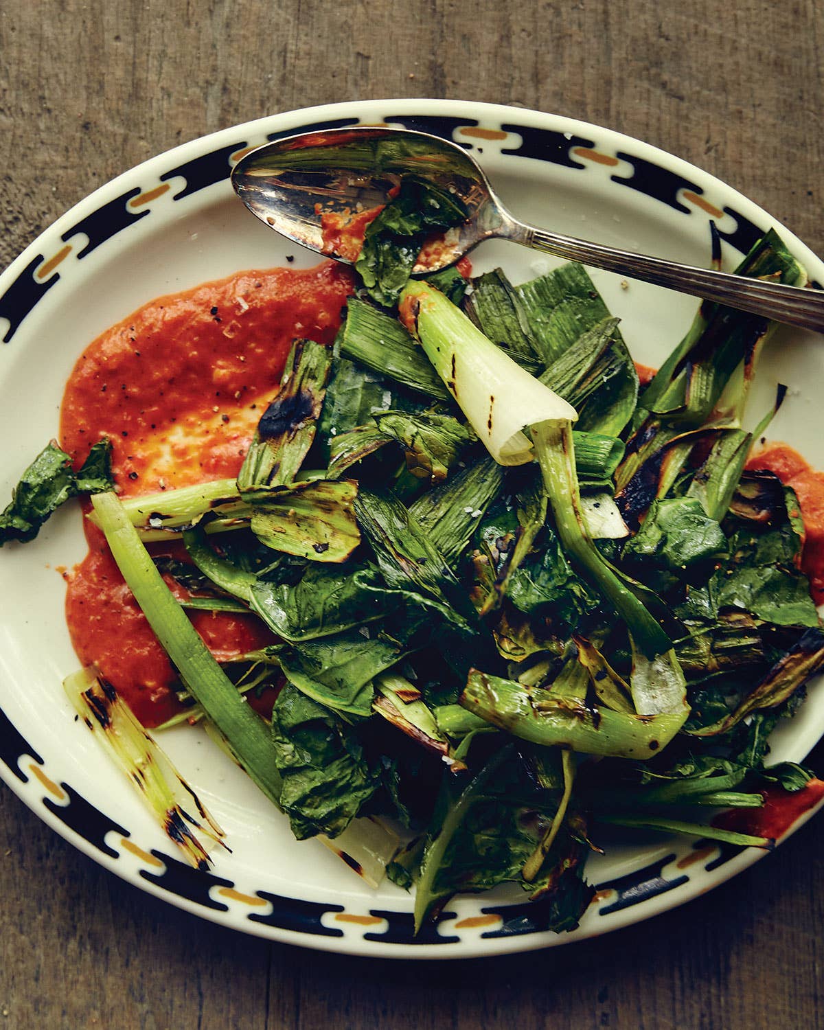 Grilled Greens and Leek Tops with Chile-Garlic Sauce