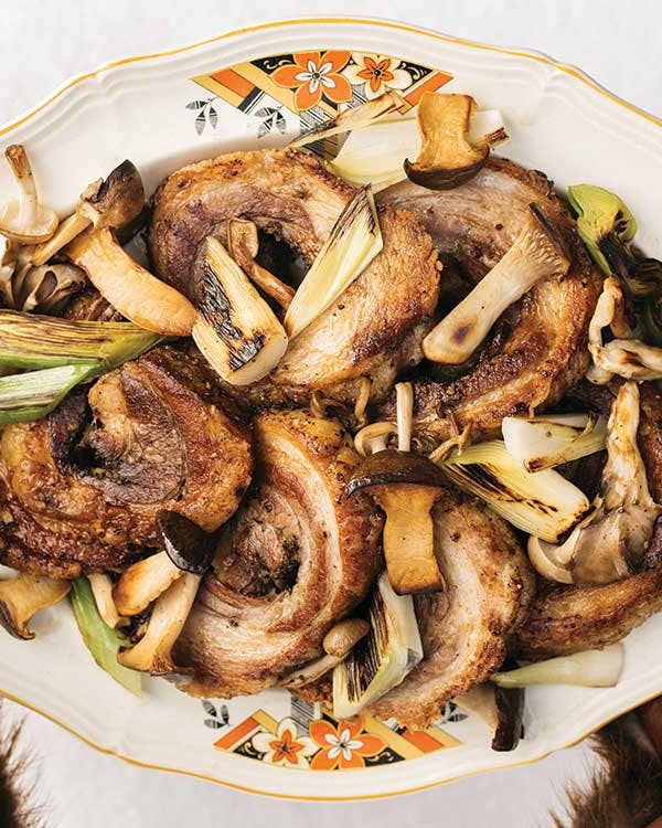 Finnish Twice-Cooked Pork Belly with Pickled Mushrooms and Leeks