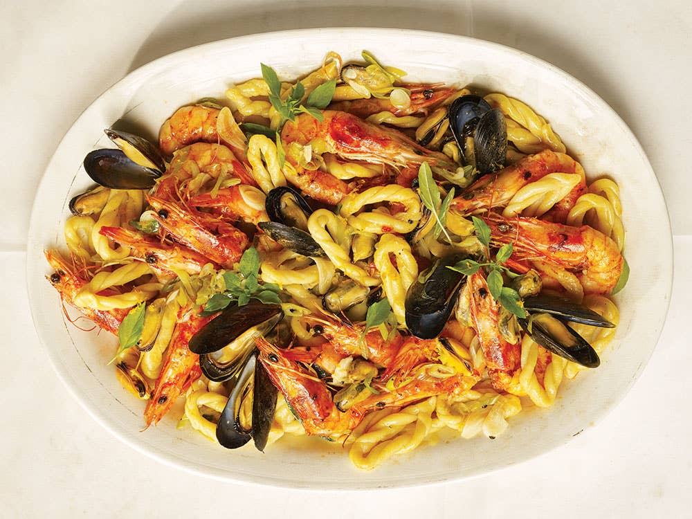 Lorighittas with Shrimp, Mussels, and Orange