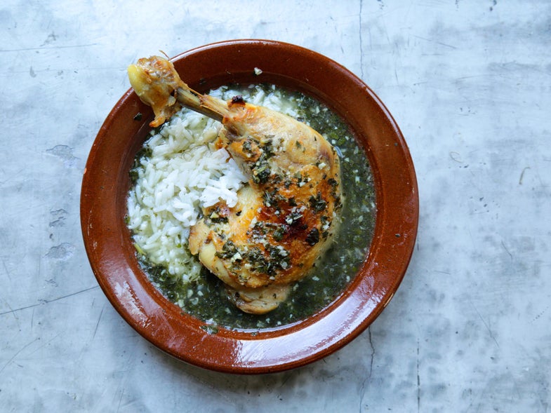 Braised Egyptian Greens With Crispy Chicken (Egyptian Molokhia)