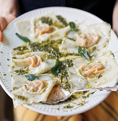 Butternut Squash Ravioli with Oregano-Hazelnut Pesto