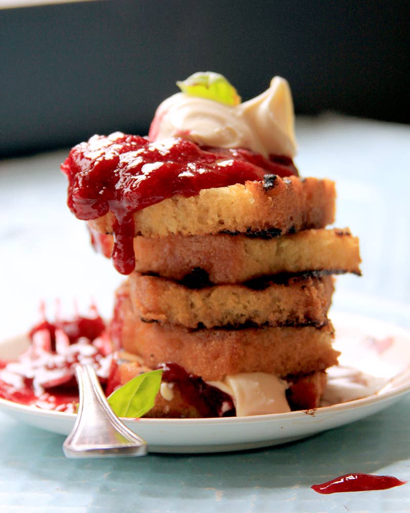 Grilled Pound Cake with Basil-Plum Compote