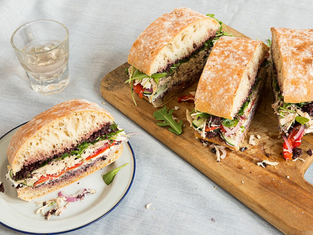 Roast Chicken Pan Bagnat with Olive Tapenade and Goat Cheese