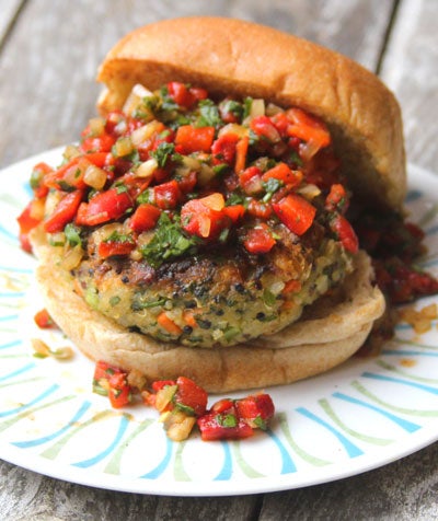 Quinoa Veggie Burger with Roasted Red Pepper Relish