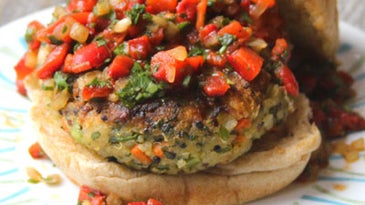 Quinoa Veggie Burger with Roasted Red Pepper Relish