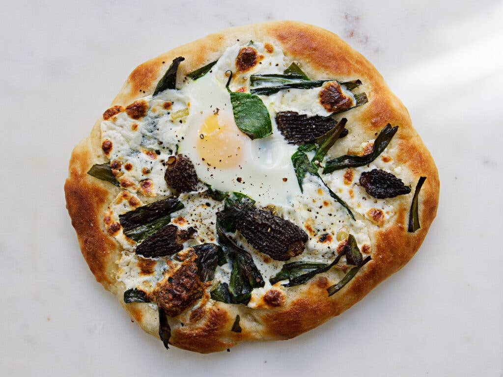 Pizza with Ramps, Morels, and Eggs