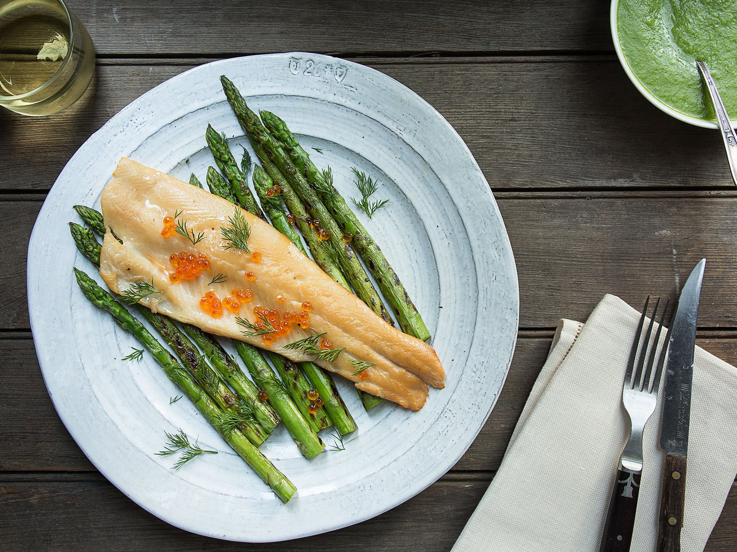 Smoked Trout with Grilled Asparagus-Dill Sauce