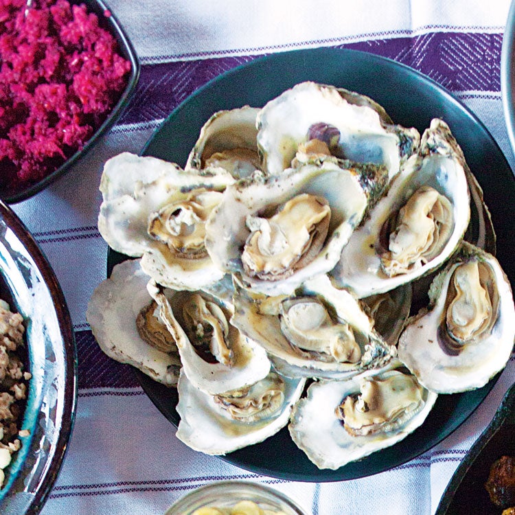 image of Roasted Oysters With Green Tomato Pickle and Cranberry-Horseradish Relish recipe by Saveur
