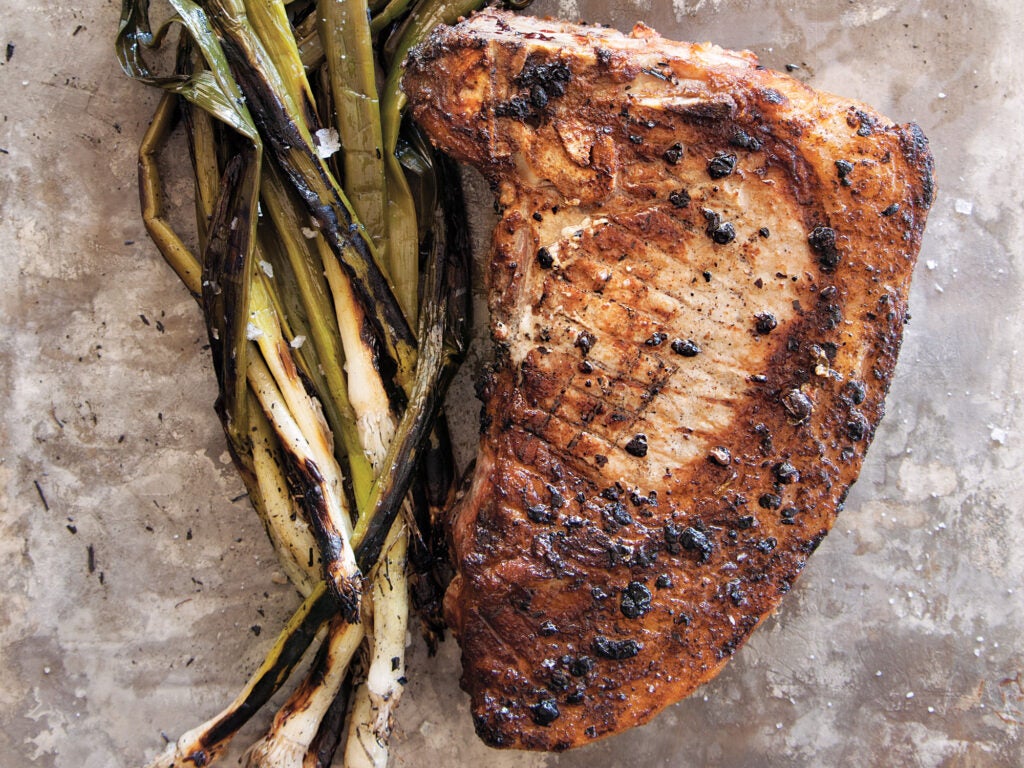 Lummi Island, Verjus-Brined Pork Chops with Marinated Leeks