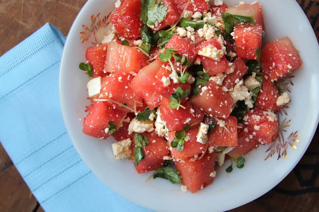 Watermelon Salad with Cilantro, Radish Sprouts, and Cotija