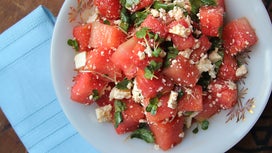 Watermelon Salad with Cilantro, Radish Sprouts, and Cotija