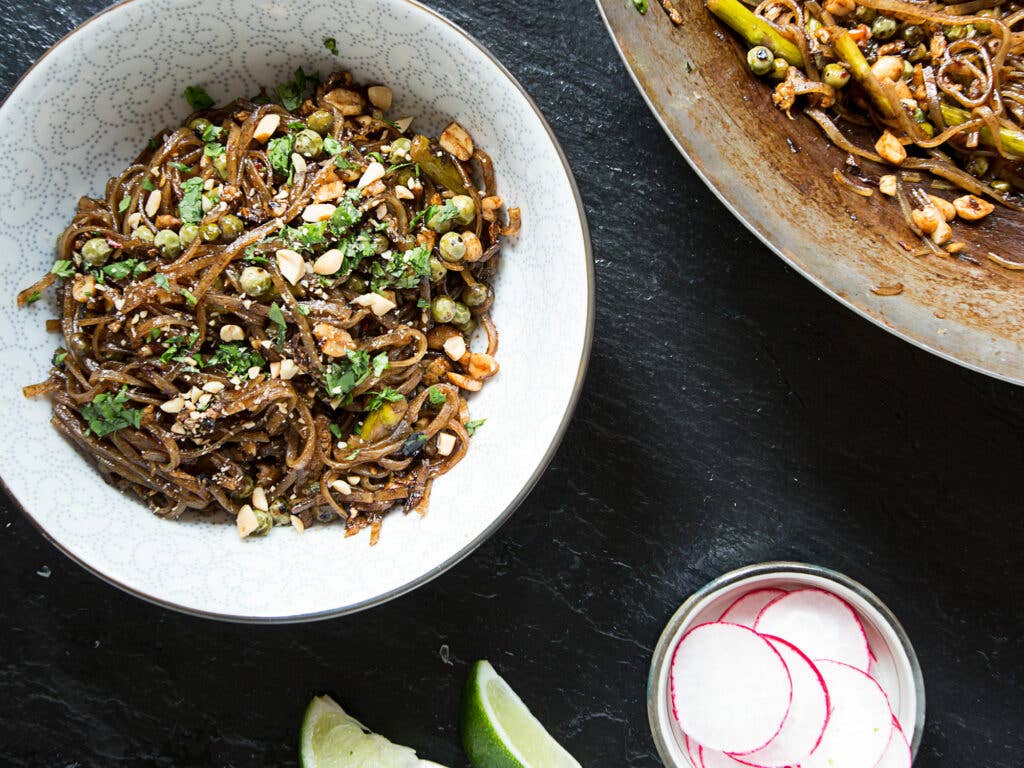 Springy Pad Thai with Green Garlic, Asparagus, and Peas