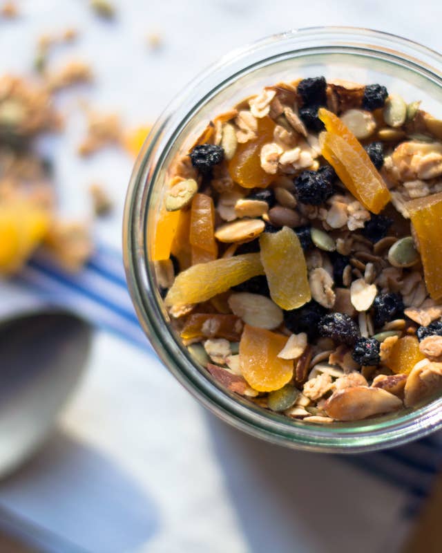 Homemade Granola with Apricots, Blueberries, and Almonds