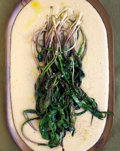 White Cheddar Grits with Grilled Ramps