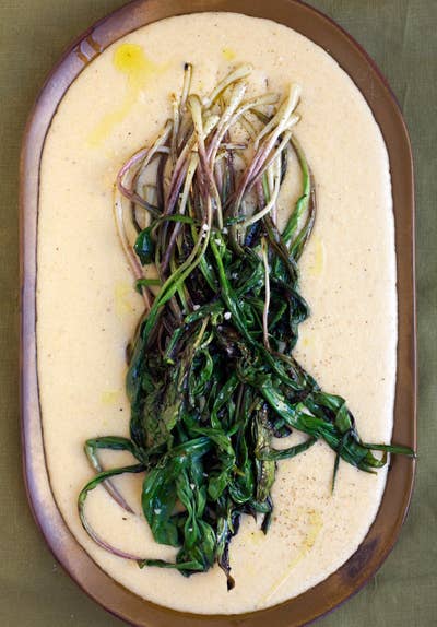 White Cheddar Grits with Grilled Ramps