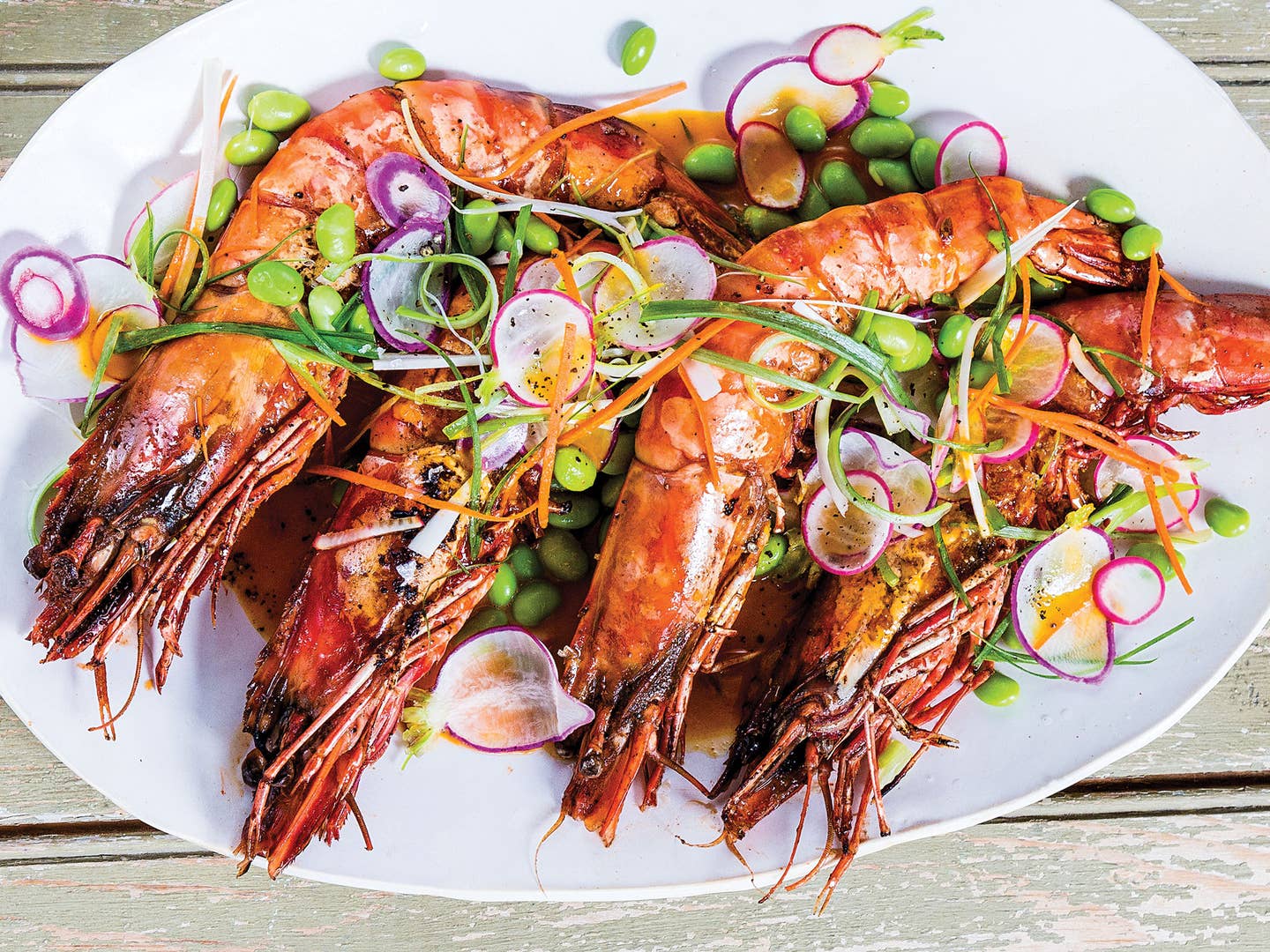 Prawns with Edamame Slaw and Carrot-Miso Sauce