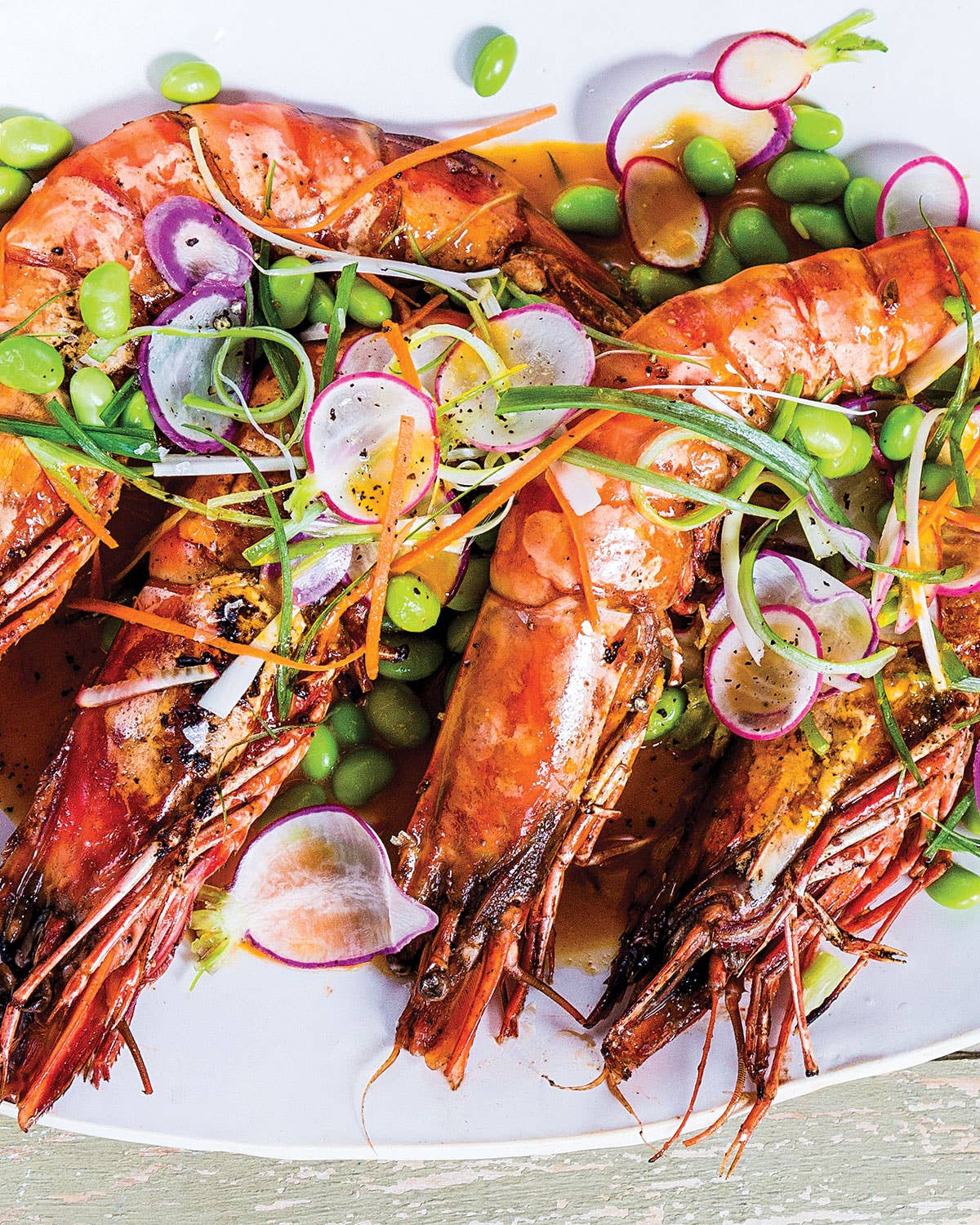 Prawns with Edamame Slaw and Carrot-Miso Sauce