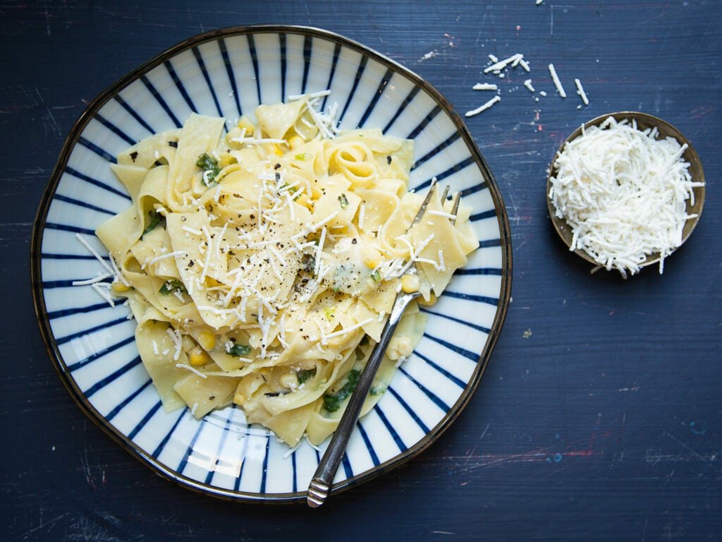 Fettucine with Corn Crema and Charred Green Onions