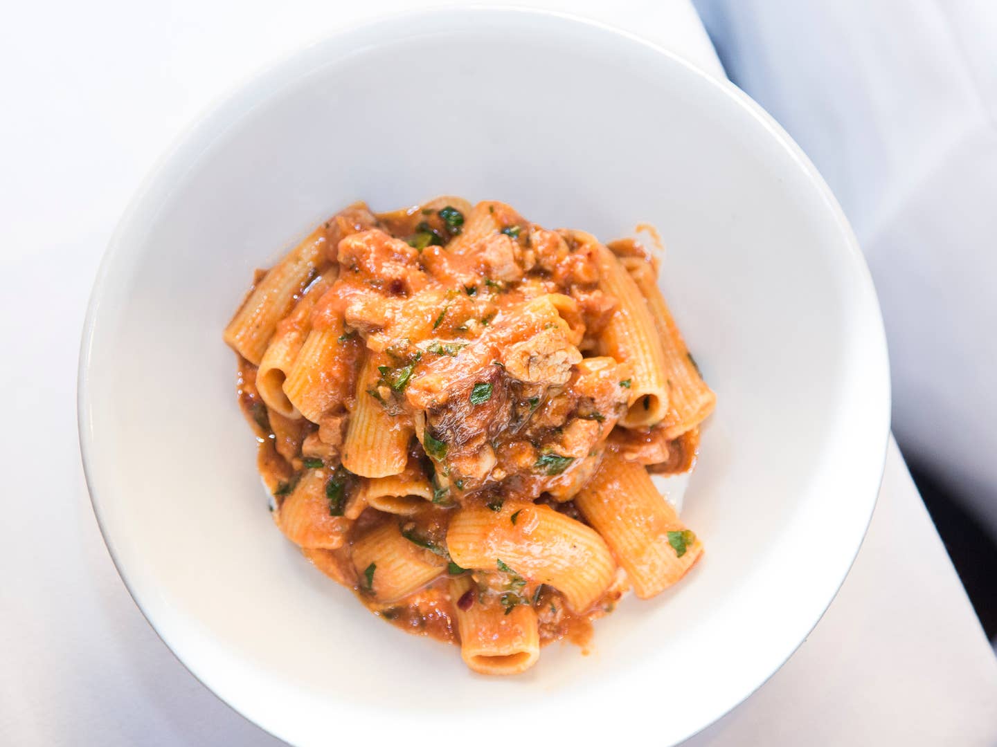 Pasta with Sweetbread and Tripe Ragù (Rigatoni Pajata alla Finta)