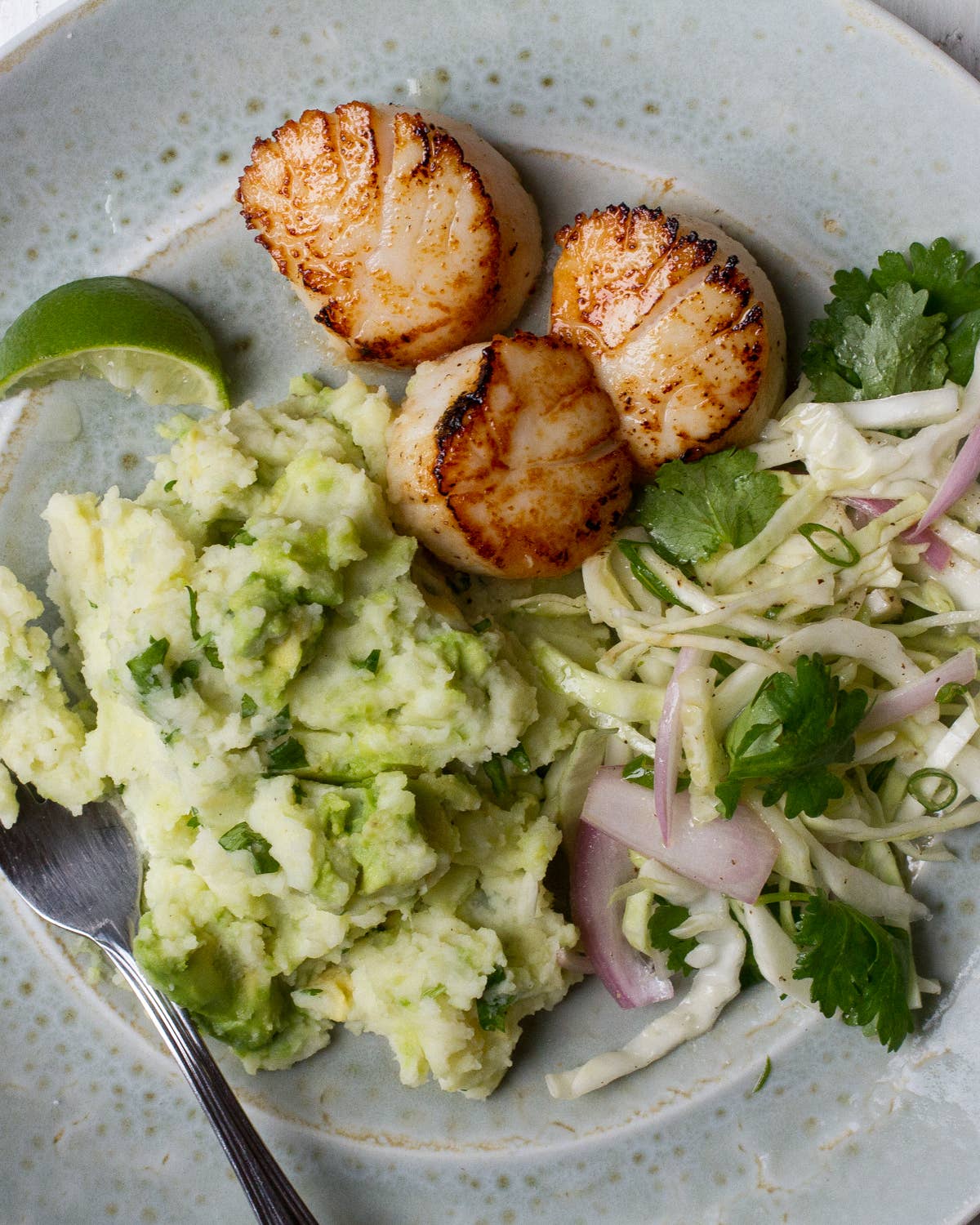 Scallops with Avocado Mashed Potatoes