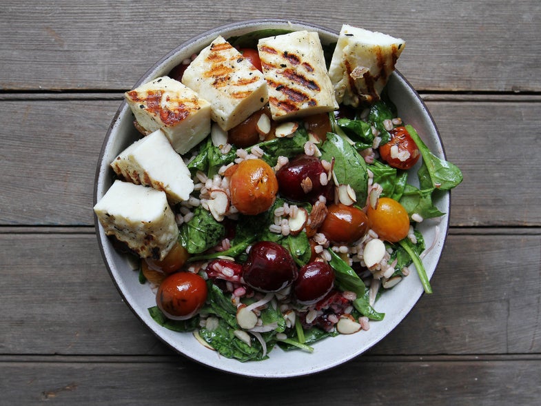Simple Weeknight Meal, Grilled Halloumi and Cherry Salad