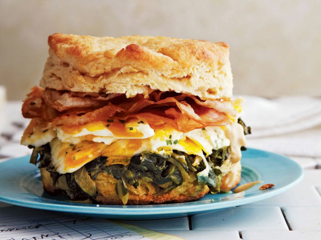 BISCUITS WITH PANCETTA, COLLARD GREENS, MARBLEIZED EGGS, AND ESPRESSO AÏOLI