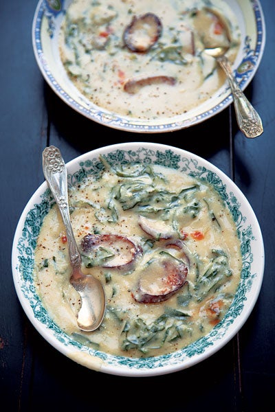 Collard Greens, Cornmeal, and Sausage Soup (Sopa de Fuba)