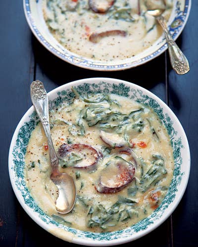 Collard Greens, Cornmeal, and Sausage Soup (Sopa de Fuba)