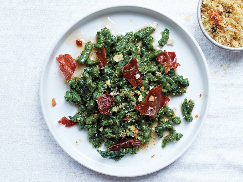 Spinach Spätzli with Brown Butter, Crispy Speck, and Pangrattato