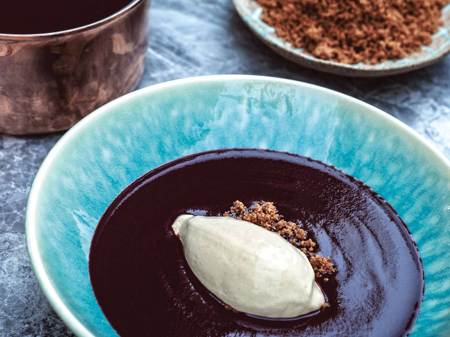 Black Mulberry Soup with Kaymak Ice Cream