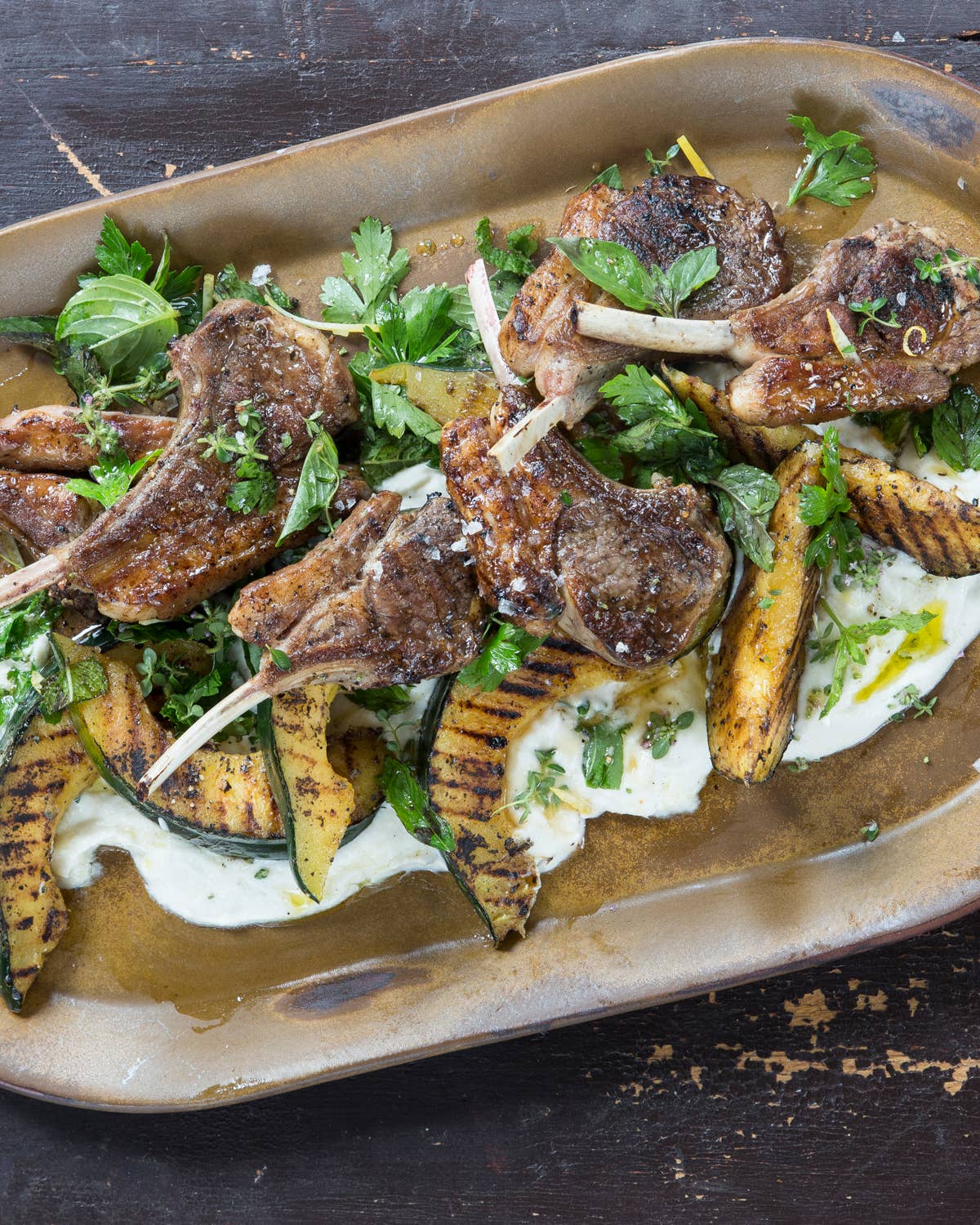 Grilled Lamb Chops and Squash with Herb Salad and Sunchokes