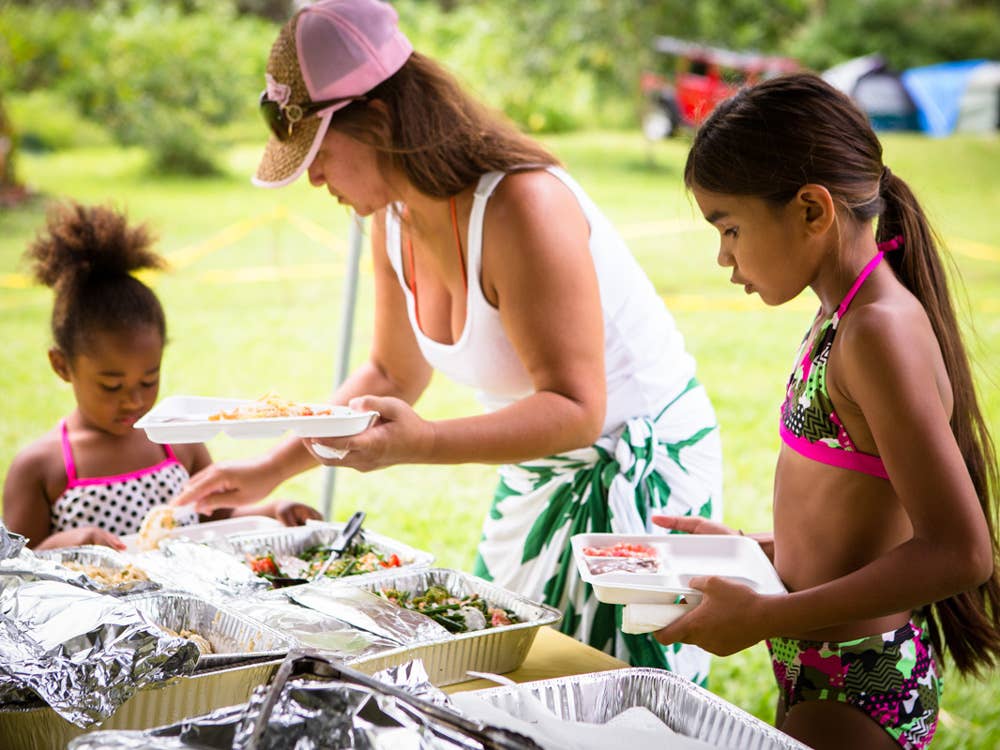 Island favorites such as kalua pork and teriyaki fried chicken are served for lunch