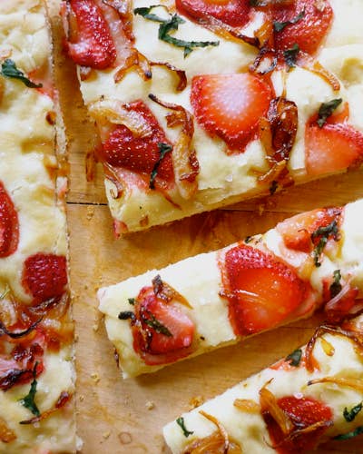 Strawberry Focaccia with Maple-Balsamic Onions