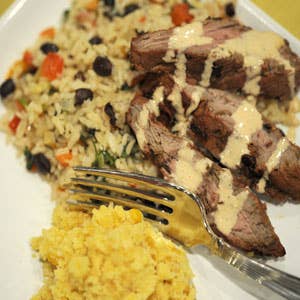 Chipotle Skirt Steak with Tex-Mex Rice and Corn Spoon Bread Pudding
