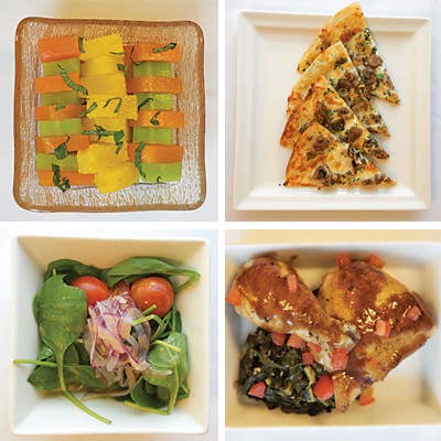 Compressed melon and pineapple with orange-infused honey; sausage and olive pizza; chicken masala with braised kale; spinach salad