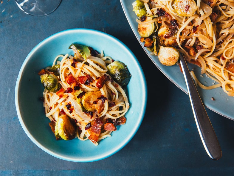 FETTUCCINE WITH BRUSSELS SPROUTS, CRANBERRIES, AND CARAMELIZED ONION
