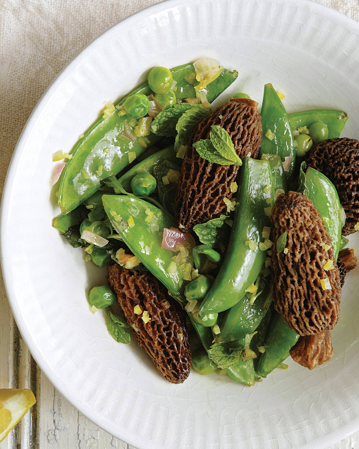Morels with Mint, Peas, and Shallot