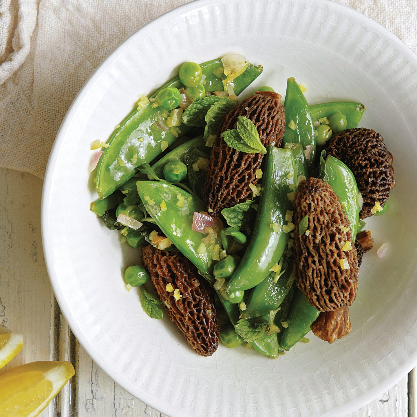 Morels with Mint, Peas, and Shallot