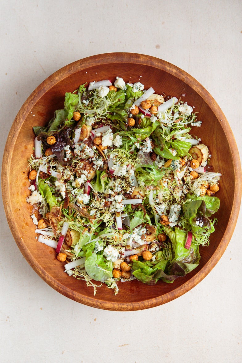 Roasted Parsnip Salad with Hazelnuts, Blue Cheese, and Wheat Beer Vinaigrette