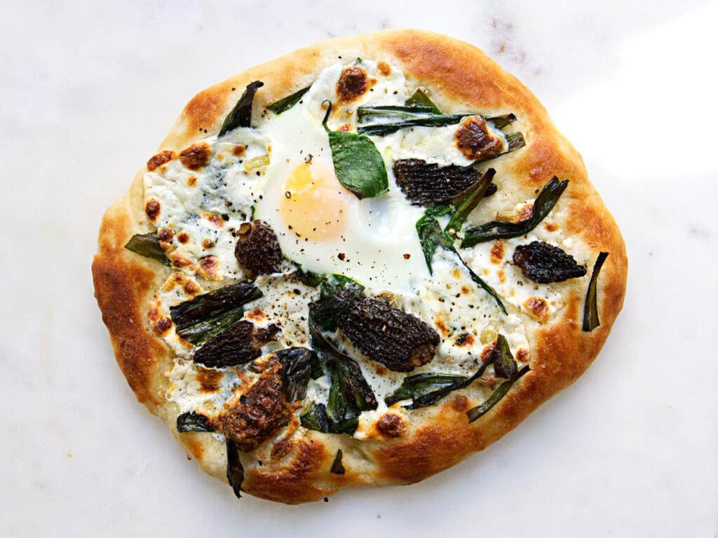 Pizza with Ramps, Morels, and Eggs Pizza with Ramps, Morels, and Eggs