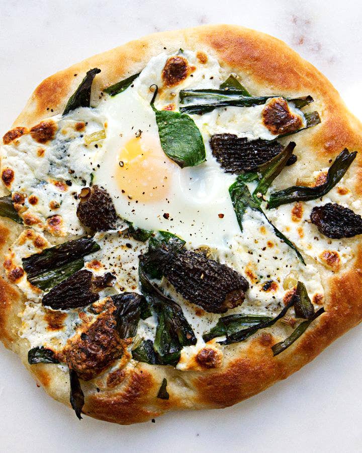 Pizza with Ramps, Morels, and Eggs