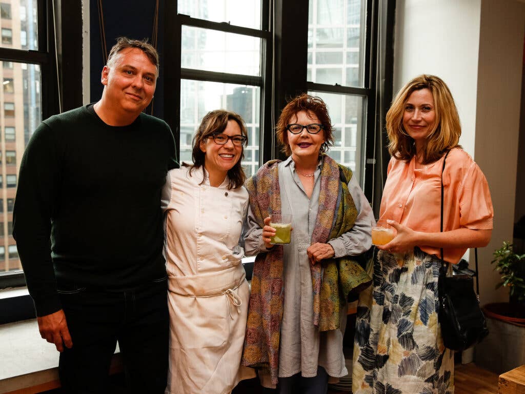Chef Amy Thielen with her husband Aaron Spangler, Thielen's agent Janis Donnaud, and writer Raquel Pelzel