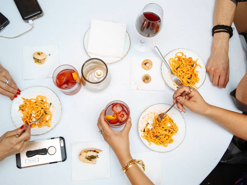 Chef Scott Conant's spaghetti pomodoro looks excellent beside some Boulevardiers.