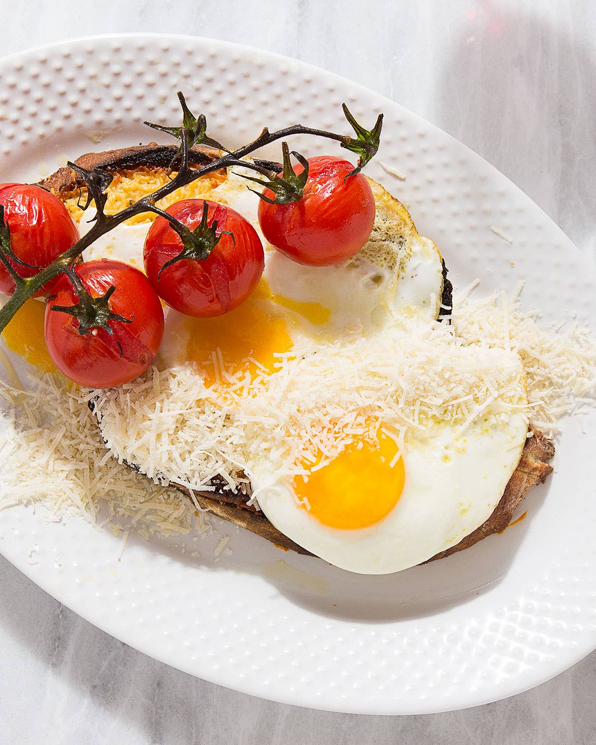 Fried Egg and Cheese Toast with Roasted Tomatoes