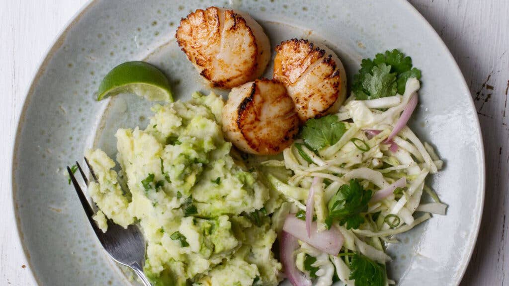 Scallops with Avocado Mashed Potatoes