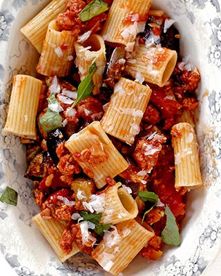 Rigatoni with Eggplant, Tomatoes, and Spicy Sausage