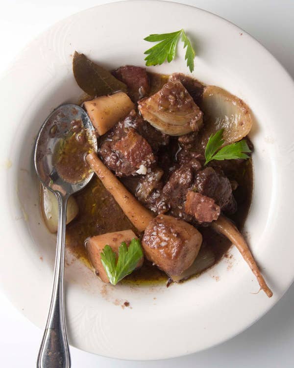 Lamb Stewed with Parsnip, Bacon, Fennel, and Red Wine