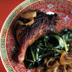 Braised Duck Legs with Mustard Greens and Bok Choy