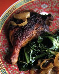 Braised Duck Legs with Mustard Greens and Bok Choy