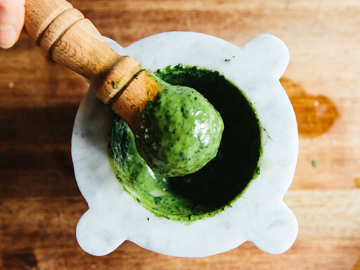 Parsley Pesto Made in Marble Mortar, Dishes